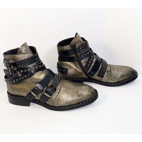 Freebird Leather Ankle Boots Western Boho Straps Buckle Studded Moto Rock 38/7.5 - Picture 1 of 16